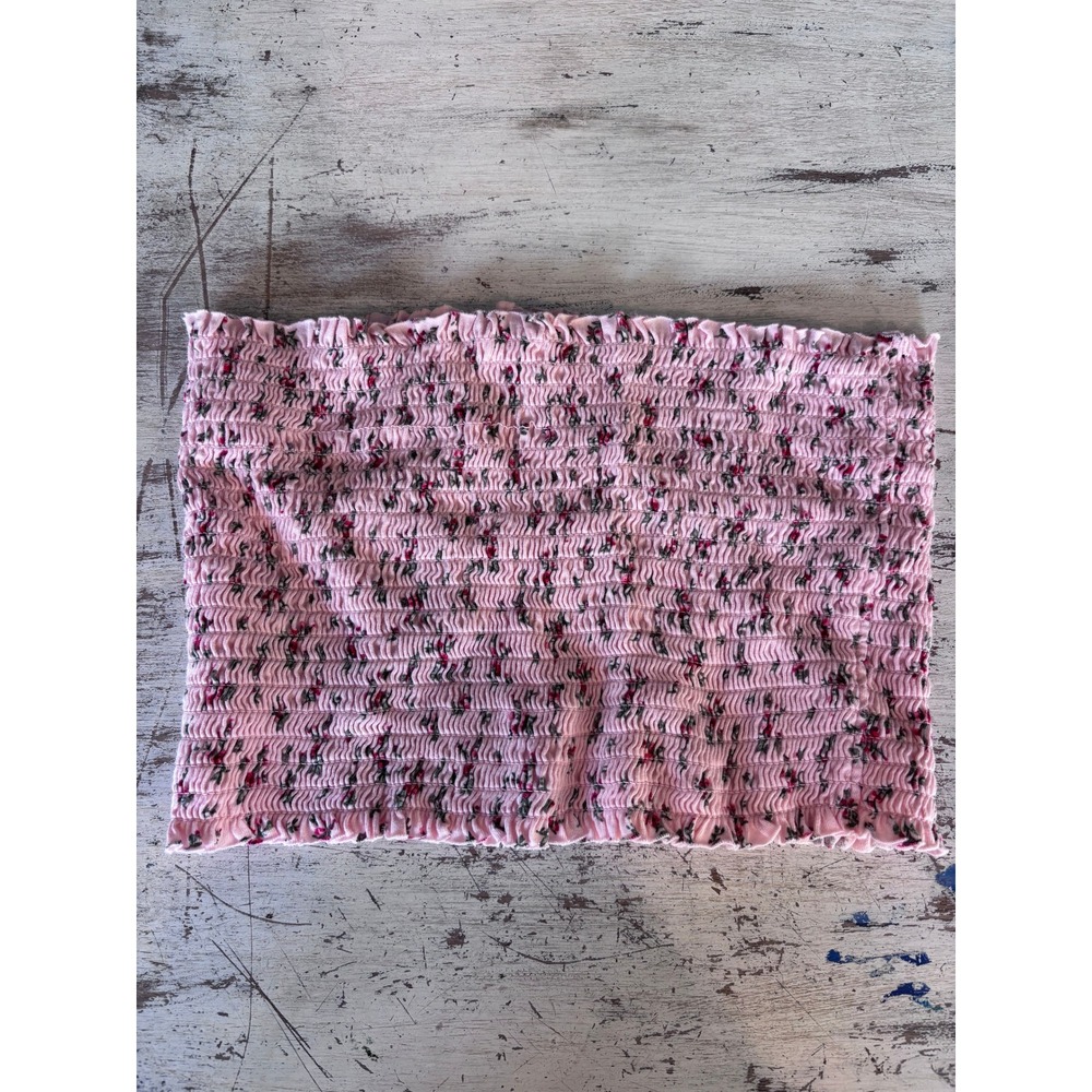 GARAGE tube top women M pink floral smocked ruffle trim strapless cotton